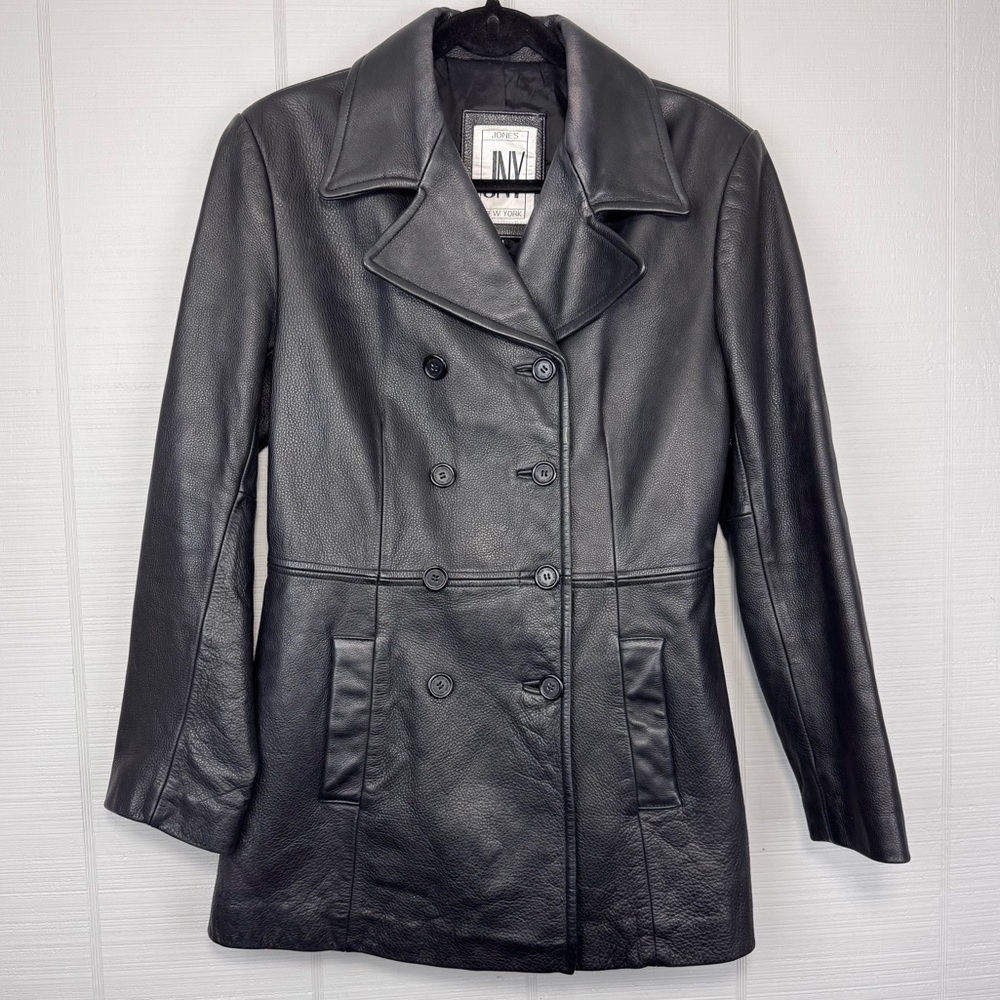 Jones New York Black Pebbled Leather Jacket Coat Double Breasted Size M